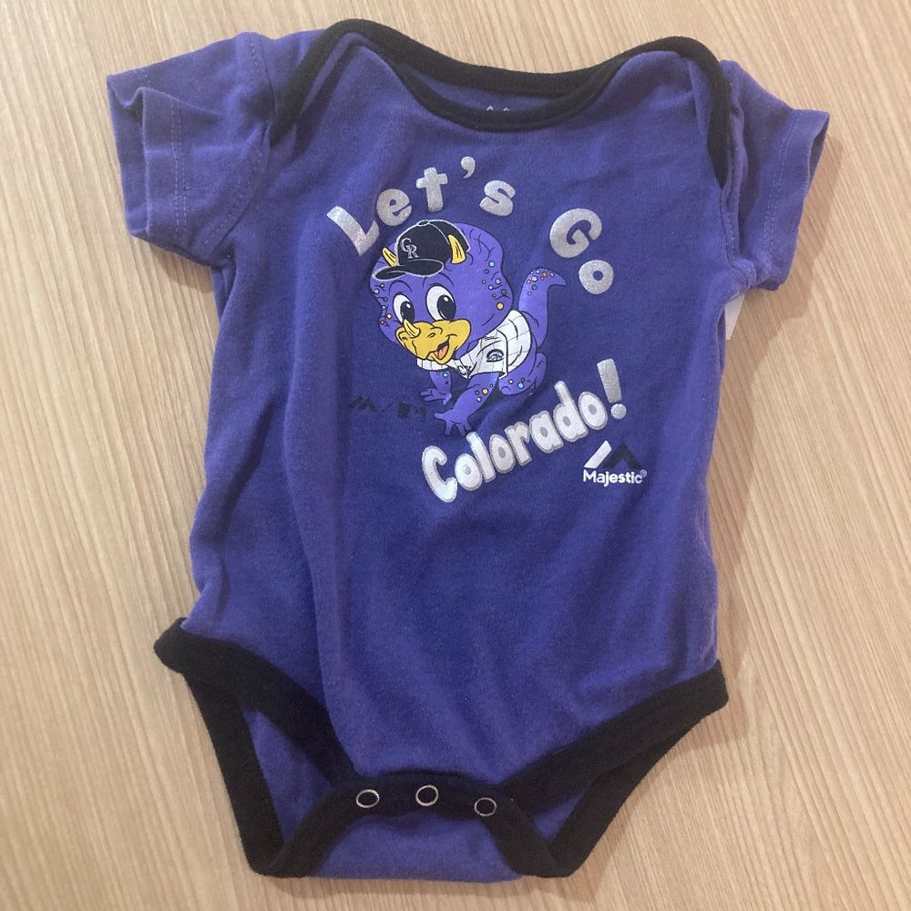 Colorado Rockies Bodysuit 6-9 Months Majestic Dinger The Dinosaur Graphic Purple